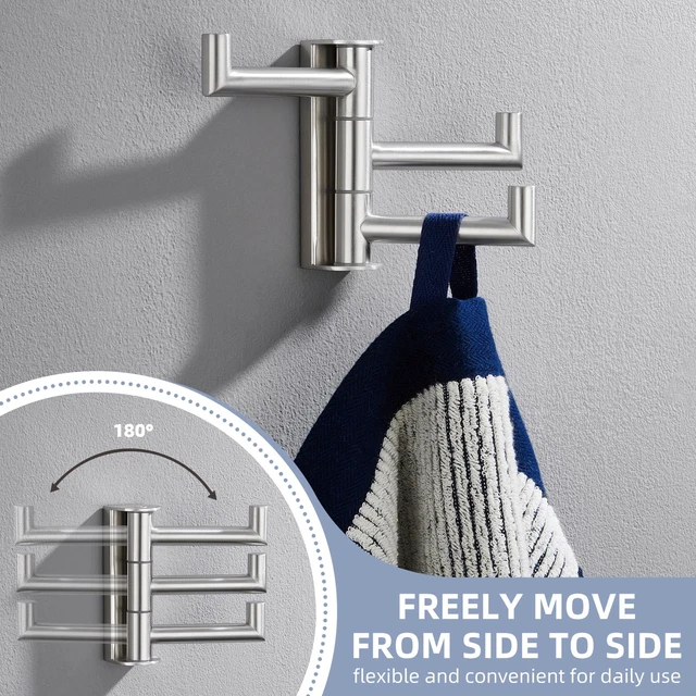 Alt view image 7 of 7 - Swivel Towel Hook 3 Arms, Robe Coat Wall Hook, Brushed Nickel Solid SUS304 Stainless Steel, Hand Towel Holder for Bathroom Shower Kitchen, Fold Flush to the Wall, Screws Mounted