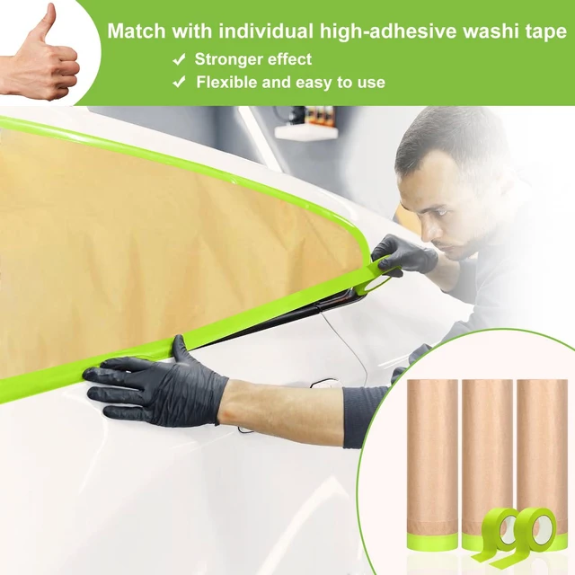 Alt view image 3 of 7 - 9 Rolls Pre-Taped Masking Paper for Painting and 4 Rolls Masking Tape Set -18 inch x 50 feet Tape and Drape for Painting, Painters Paper for Automotive Paint Masking, Floor Protection,Wall Covering