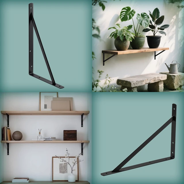 Alt view image 2 of 6 - 16x10 Inch Heavy Duty Shelf Brackets, Black 6 Pack 600lbs Capacity, Reinforced Metal L Supports with Screws, Garage Storage/Workshop Shelves/Basement and DIY Projects