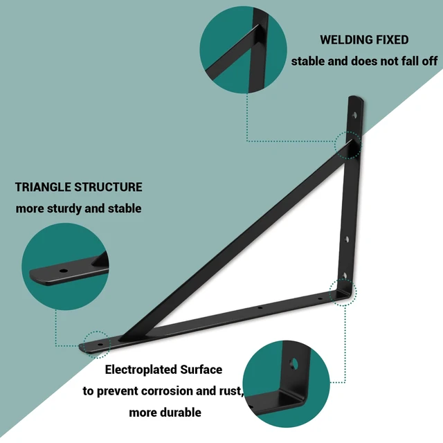 Alt view image 4 of 6 - 16x10 Inch Heavy Duty Shelf Brackets, Black 6 Pack 600lbs Capacity, Reinforced Metal L Supports with Screws, Garage Storage/Workshop Shelves/Basement and DIY Projects