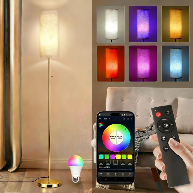 Main image of Floor Lamps for Living Room with RGB Color Changing Bulb Dimmable Color Brightness Standing Lamp with Remote Tall Lamps with Chain Switch for Bedroom Office 9W LED Bulb Included, Gold Body RGB Bulb