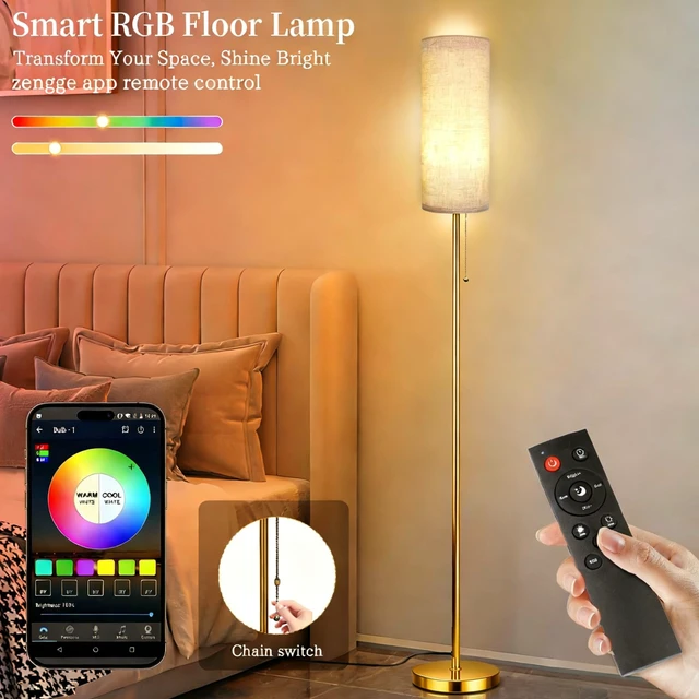 Alt view image 2 of 7 - Floor Lamps for Living Room with RGB Color Changing Bulb Dimmable Color Brightness Standing Lamp with Remote Tall Lamps with Chain Switch for Bedroom Office 9W LED Bulb Included, Gold Body RGB Bulb
