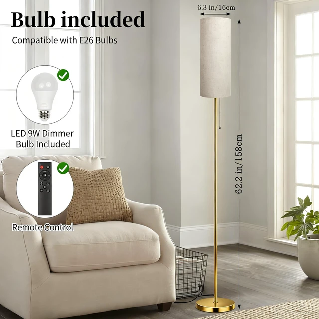 Alt view image 4 of 7 - Floor Lamps for Living Room with RGB Color Changing Bulb Dimmable Color Brightness Standing Lamp with Remote Tall Lamps with Chain Switch for Bedroom Office 9W LED Bulb Included, Gold Body RGB Bulb