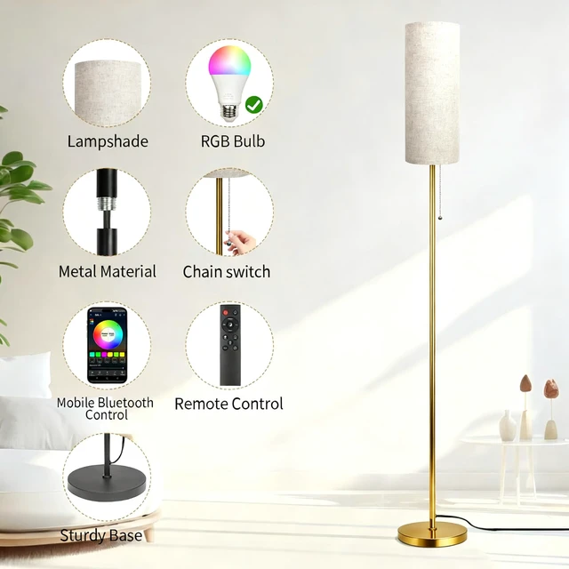 Alt view image 5 of 7 - Floor Lamps for Living Room with RGB Color Changing Bulb Dimmable Color Brightness Standing Lamp with Remote Tall Lamps with Chain Switch for Bedroom Office 9W LED Bulb Included, Gold Body RGB Bulb