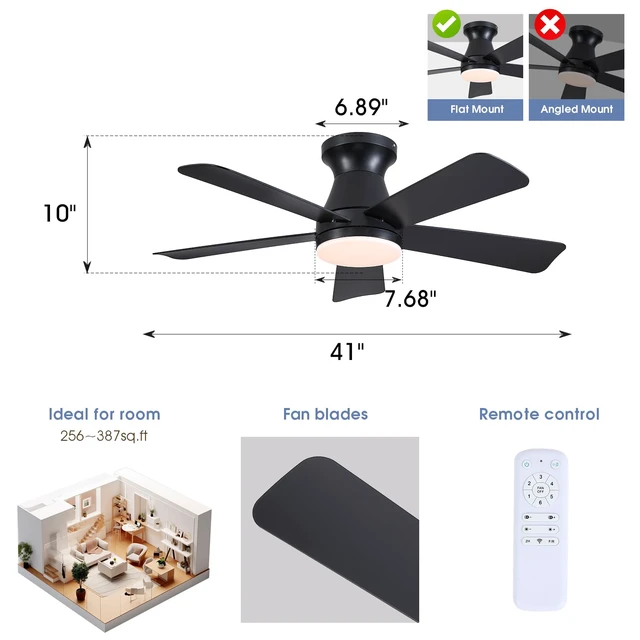 Alt view image 2 of 7 - 41" Modern Black Low Profile Ceiling Fans with Lights and Remote Flush Mount,Super Large Airflow with 6 Wind Speeds, Reversible, Dimmable 3 CCT LED, 30W DC Motor,Suits for Bedroom Kidsroom