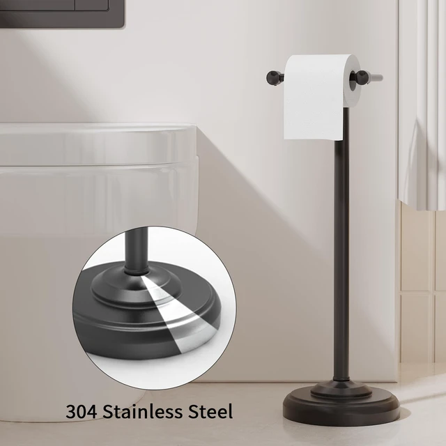 Alt view image 4 of 6 - Toilet Paper Holder Stand, Matte Black Toilet Paper Holder Free Standing,Post Pivoting Design & Stable Weighted Base SUS304 Stainless Steel for Bathroom