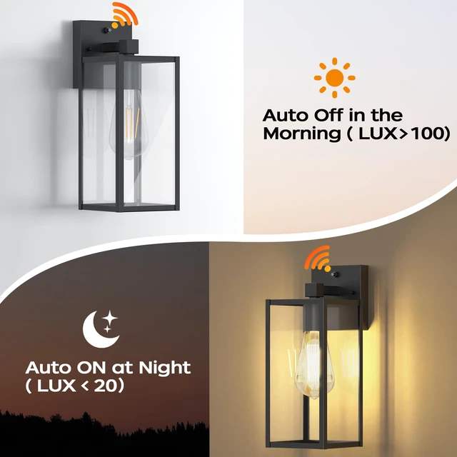 Alt view image 2 of 7 - 13" Dusk to Dawn Exterior Lighting Fixture, Outdoor Porch Light Wall Sconce Anti-Rust Metal Frame, Tempered Glass, E26 Base, Waterproof, Sensor Wall Lantern for Patio, Garage, Entryway