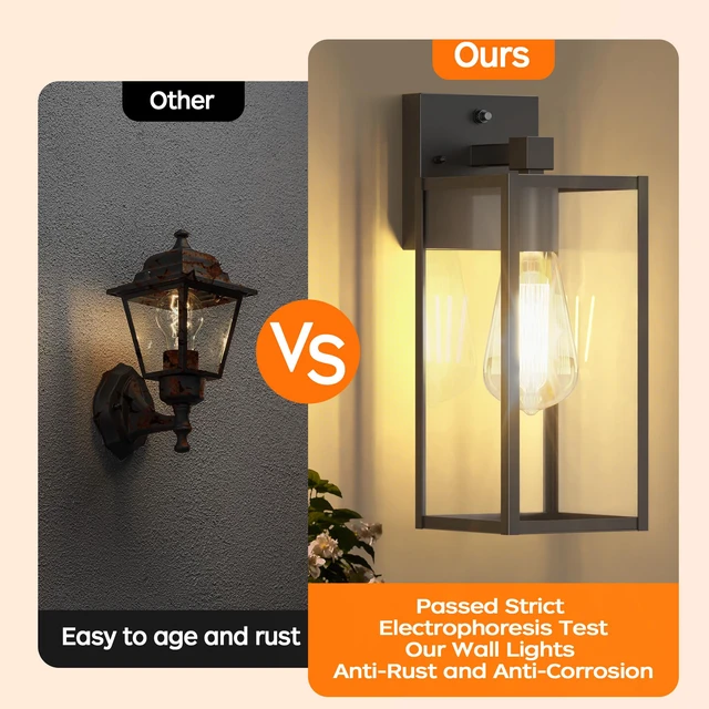 Alt view image 4 of 7 - 13" Dusk to Dawn Exterior Lighting Fixture, Outdoor Porch Light Wall Sconce Anti-Rust Metal Frame, Tempered Glass, E26 Base, Waterproof, Sensor Wall Lantern for Patio, Garage, Entryway