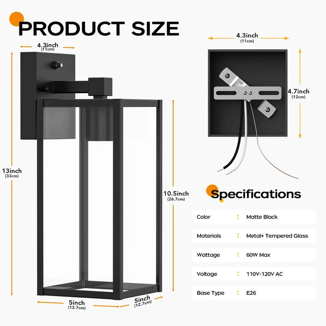 Alt view image 5 of 7 - 13" Dusk to Dawn Exterior Lighting Fixture, Outdoor Porch Light Wall Sconce Anti-Rust Metal Frame, Tempered Glass, E26 Base, Waterproof, Sensor Wall Lantern for Patio, Garage, Entryway