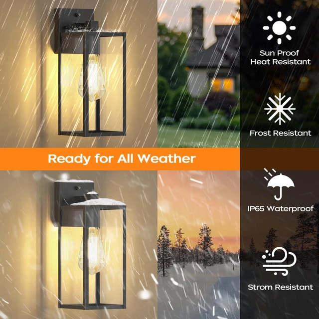 Alt view image 6 of 7 - 13" Dusk to Dawn Exterior Lighting Fixture, Outdoor Porch Light Wall Sconce Anti-Rust Metal Frame, Tempered Glass, E26 Base, Waterproof, Sensor Wall Lantern for Patio, Garage, Entryway