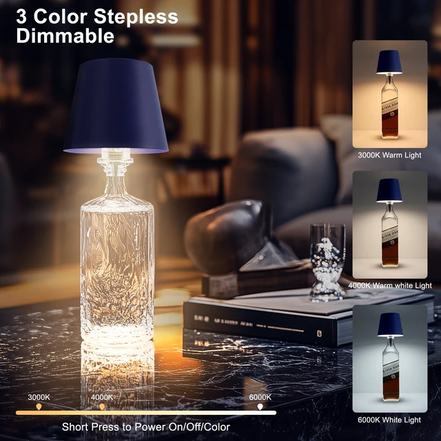 Alt view image 3 of 6 - 2 Pack 3600mAh Wine Bottle Lamps, 2026 New 3 Color Rechargeable Wireless Bottle Lamps, Bottle Lamp Kit for Liquor Bottles with Touch Dimming for Parties, Restaurants & Home Decor