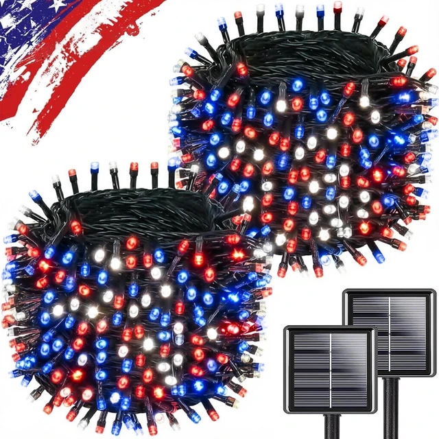 Main image of 2pack 500LED Solar String Lights Outdoor Waterproof Red White Blue