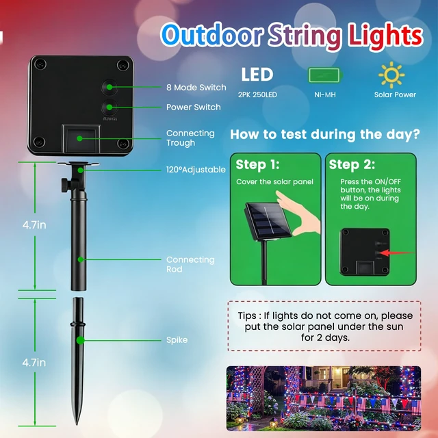 Alt view image 5 of 7 - 2pack 500LED Solar String Lights Outdoor Waterproof Red White Blue