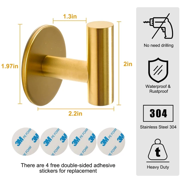 Alt view image 2 of 6 - Brushed Gold Self Adhesive Stainless Steel Towel Hooks (4-Pack) SUS304, Self-Adhesive, Heavy Duty, Waterproof, Coat Robe Wall Hook for Bathrooms Kitchen Hotel