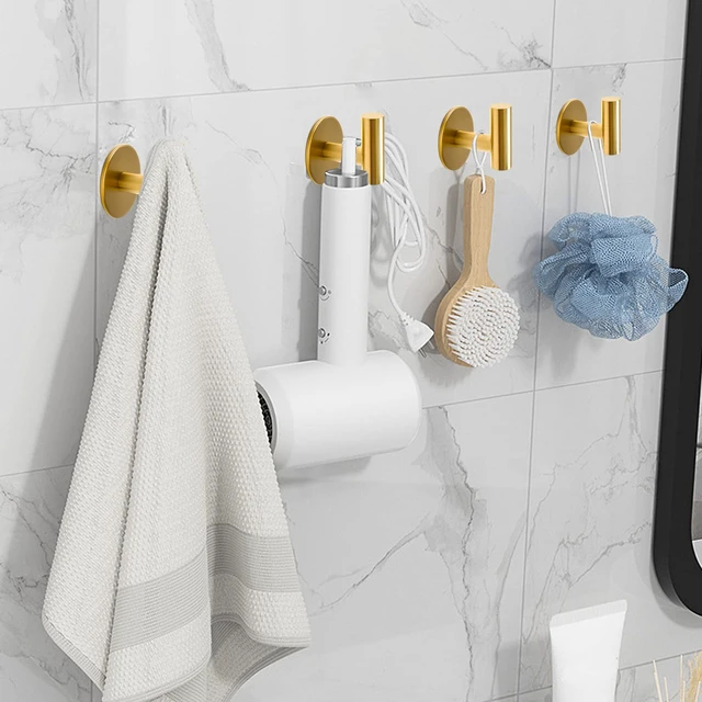 Alt view image 3 of 6 - Brushed Gold Self Adhesive Stainless Steel Towel Hooks (4-Pack) SUS304, Self-Adhesive, Heavy Duty, Waterproof, Coat Robe Wall Hook for Bathrooms Kitchen Hotel