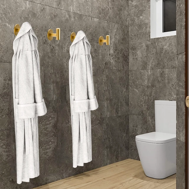 Alt view image 4 of 6 - Brushed Gold Self Adhesive Stainless Steel Towel Hooks (4-Pack) SUS304, Self-Adhesive, Heavy Duty, Waterproof, Coat Robe Wall Hook for Bathrooms Kitchen Hotel