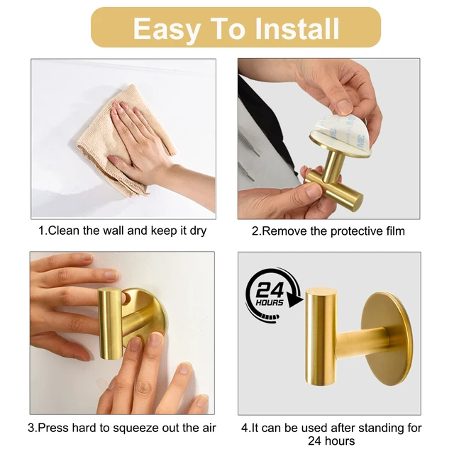Alt view image 5 of 6 - Brushed Gold Self Adhesive Stainless Steel Towel Hooks (4-Pack) SUS304, Self-Adhesive, Heavy Duty, Waterproof, Coat Robe Wall Hook for Bathrooms Kitchen Hotel