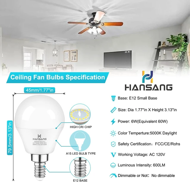 Alt view image 3 of 7 - 8 Pack E12 LED Ceiling Fan Light Bulbs 6W, 60W Equivalent 5000K Daylight E12 Small Base Candelabra Light Bulbs, A15 LED Light Bulb, CRI85+ Eye-friendly, 120V 600LM, Chandelier, Non-Dimmable