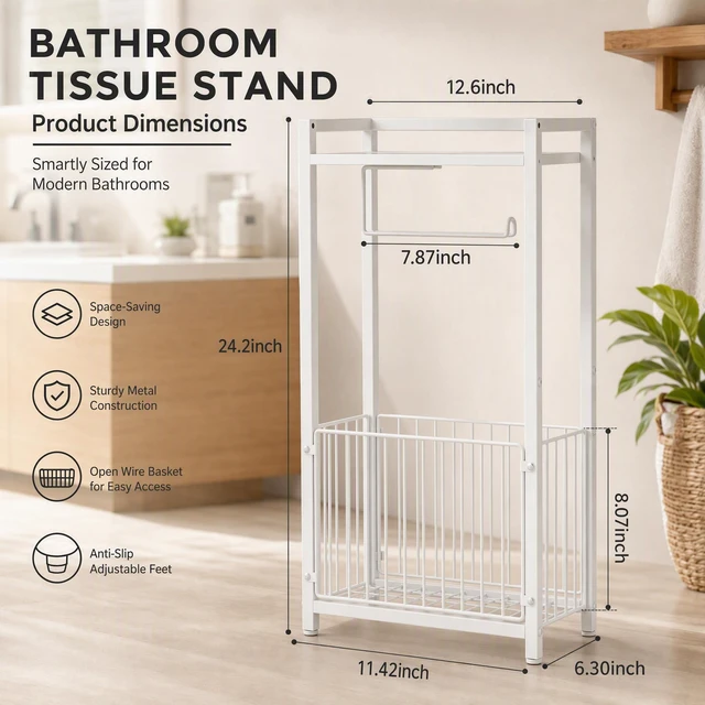 Alt view image 4 of 7 - Freestanding Toilet Paper Holder with Storage Shelf, White Bathroom Tissue Stand with Space for Phone Wipes Magazines All-in-One Toilet Roll Dispenser and Organizer