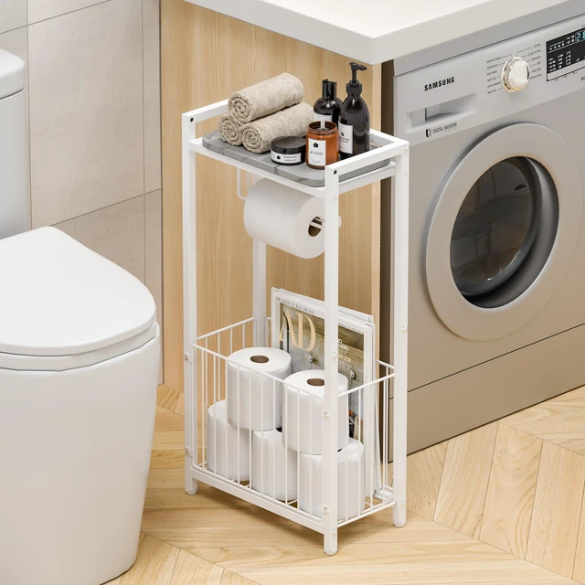 Alt view image 2 of 7 - Freestanding Toilet Paper Holder with Storage Shelf, White Bathroom Tissue Stand with Space for Phone Wipes Magazines All-in-One Toilet Roll Dispenser and Organizer