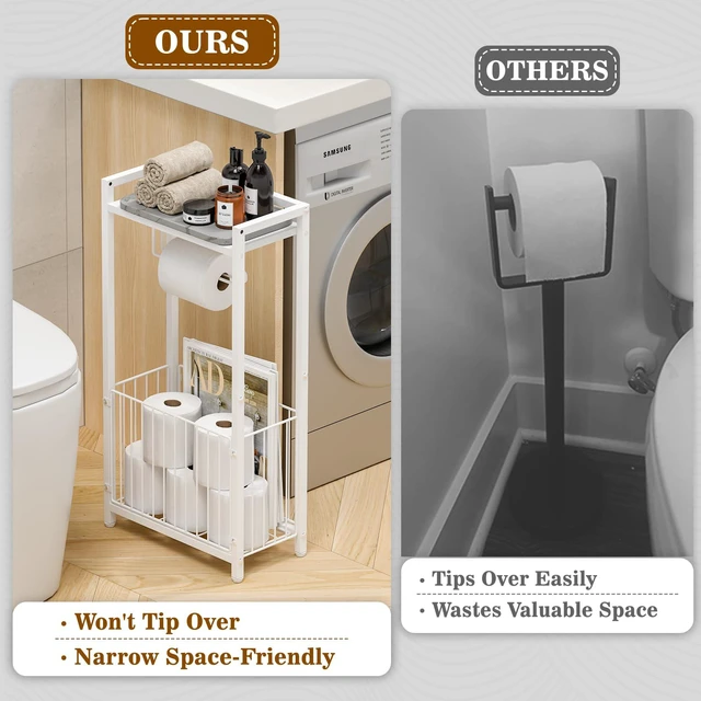Alt view image 5 of 7 - Freestanding Toilet Paper Holder with Storage Shelf, White Bathroom Tissue Stand with Space for Phone Wipes Magazines All-in-One Toilet Roll Dispenser and Organizer