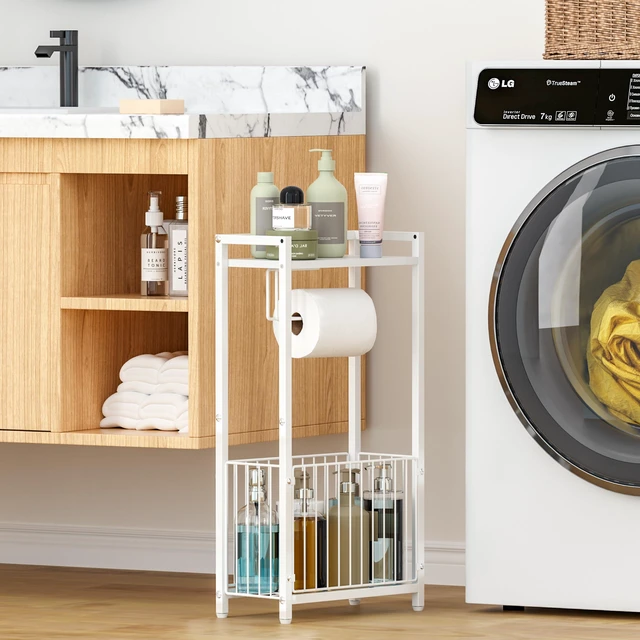 Alt view image 3 of 7 - Freestanding Toilet Paper Holder with Storage Shelf, White Bathroom Tissue Stand with Space for Phone Wipes Magazines All-in-One Toilet Roll Dispenser and Organizer
