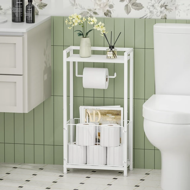 Alt view image 6 of 7 - Freestanding Toilet Paper Holder with Storage Shelf, White Bathroom Tissue Stand with Space for Phone Wipes Magazines All-in-One Toilet Roll Dispenser and Organizer