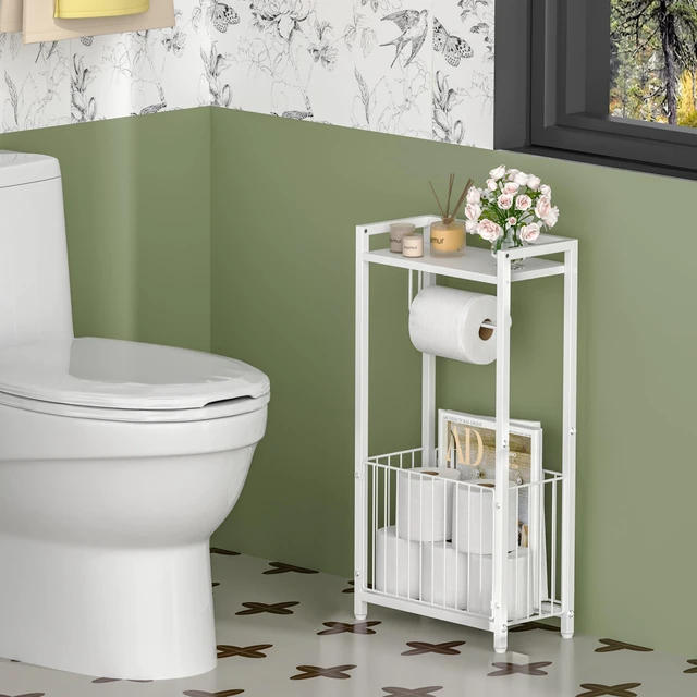 Alt view image 7 of 7 - Freestanding Toilet Paper Holder with Storage Shelf, White Bathroom Tissue Stand with Space for Phone Wipes Magazines All-in-One Toilet Roll Dispenser and Organizer