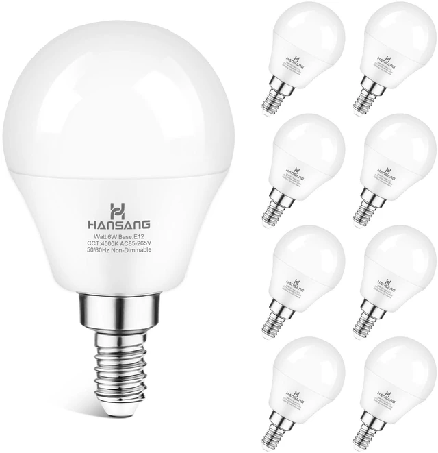 Main image of 8 Pack E12 LED Small Base Light Bulb 4000K Natural White 60W Equivalent 6W Ceiling Fan Light Bulbs, A15 LED Candelabra Light Bulbs CRI85+, 120V 600LM Round Bulb for Chandelier, Non-Dimmable