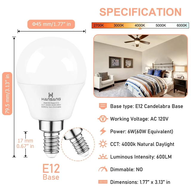 Alt view image 4 of 7 - 8 Pack E12 LED Small Base Light Bulb 4000K Natural White 60W Equivalent 6W Ceiling Fan Light Bulbs, A15 LED Candelabra Light Bulbs CRI85+, 120V 600LM Round Bulb for Chandelier, Non-Dimmable