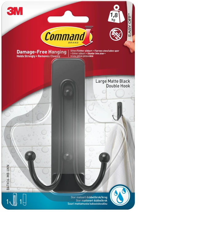 Main image of Large Double Bathroom Hook, Matte Black, 1 Water-Resistant Strip Damage-Free Bathroom Hanging for Towels, Robes and Shower Accessories, For Humid Conditions, Removes Cleanly, Holds 2.2 kg