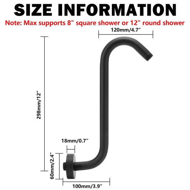 Alt view image 2 of 7 - S Shaped Shower Head Riser Arm, Shower Extender Arm with Flange, Standard 1/2" Connection- Bathroom Accessory (12 Inch, Matte Black)