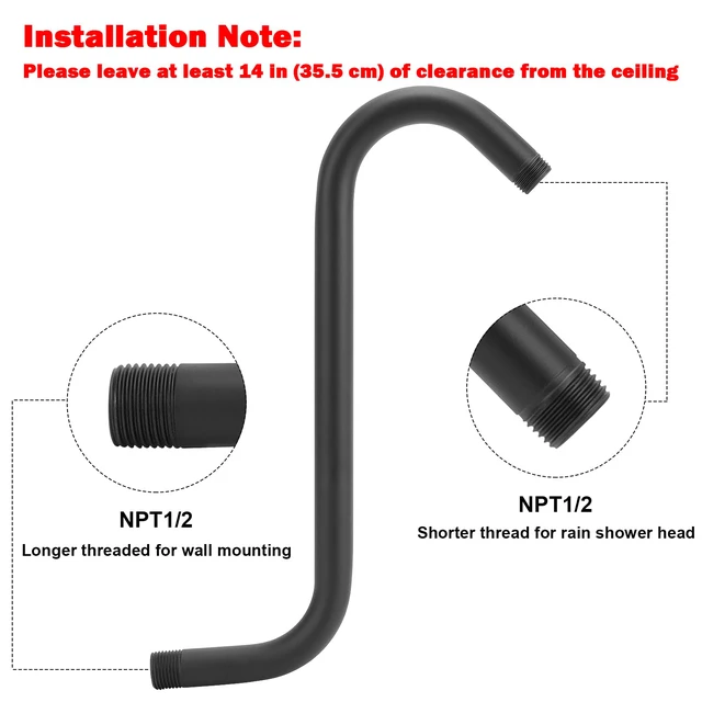 Alt view image 3 of 7 - S Shaped Shower Head Riser Arm, Shower Extender Arm with Flange, Standard 1/2" Connection- Bathroom Accessory (12 Inch, Matte Black)
