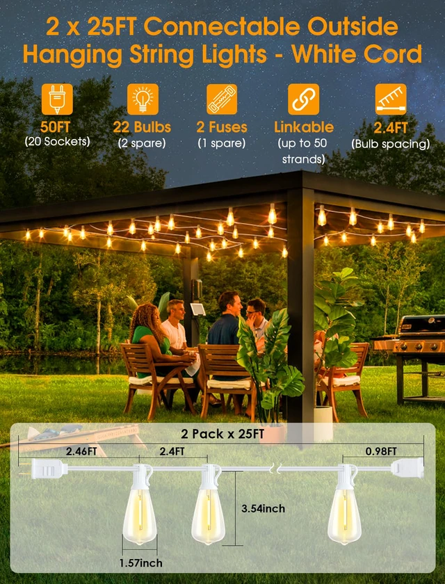 Alt view image 2 of 5 - 50FT(2x25FT) Outdoor String Lights, Patio Lights with 20+2 LED Dimmable Waterproof ST38 Vintage Bulbs for Wedding Garden Party Decor, White