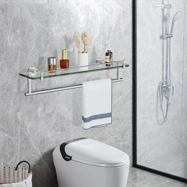 Alt view image 2 of 7 - 20-Inch Tempered Glass Bathroom Shelf with Towel Bar - Brushed Nickel & Stainless Steel, Wall Mount Rustproof Tower Holder with Shelves
