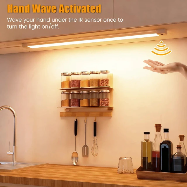 Alt view image 3 of 7 - 2pcs 16 Inch Under Cabinet Lights with Hand Wave,Plug and Play 3000K Warm White,Dimmable,CRI>90,110V,420Lumen,7W,Bright Counter,Shelf,Above the Sink