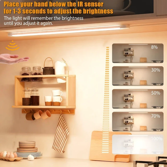 Alt view image 4 of 7 - 2pcs 16 Inch Under Cabinet Lights with Hand Wave,Plug and Play 3000K Warm White,Dimmable,CRI>90,110V,420Lumen,7W,Bright Counter,Shelf,Above the Sink