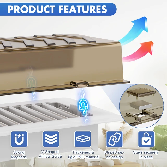 Alt view image 2 of 7 - Super Strong Magnetic Vent Deflector, Sideways AC Vent Deflector, Brown 2 Pack Snap-Lock Vent Redirector for 4"x10" Wall/Floor/Ceiling Registers, Redirect Air from Sofas and Beds, Energy-Saving