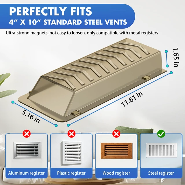 Alt view image 3 of 7 - Super Strong Magnetic Vent Deflector, Sideways AC Vent Deflector, Brown 2 Pack Snap-Lock Vent Redirector for 4"x10" Wall/Floor/Ceiling Registers, Redirect Air from Sofas and Beds, Energy-Saving