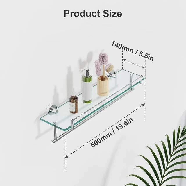 Alt view image 3 of 7 - 20-Inch Tempered Glass Bathroom Shelf with Towel Bar - Brushed Nickel & Stainless Steel, Wall Mount Rustproof Tower Holder with Shelves