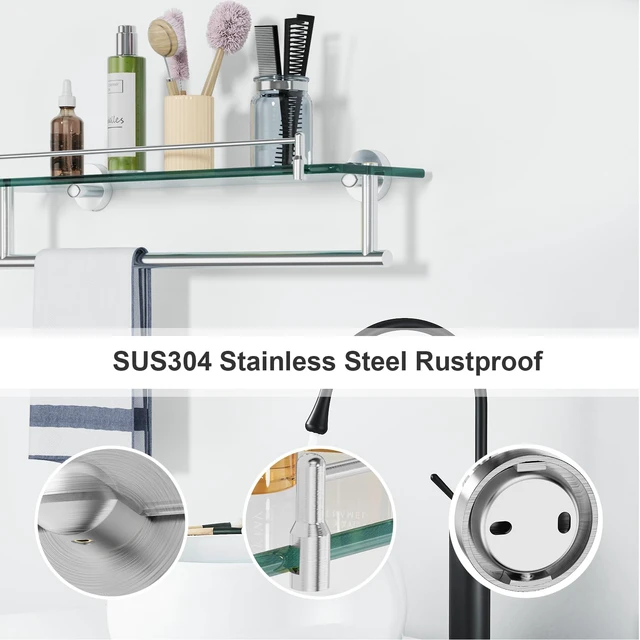 Alt view image 4 of 7 - 20-Inch Tempered Glass Bathroom Shelf with Towel Bar - Brushed Nickel & Stainless Steel, Wall Mount Rustproof Tower Holder with Shelves