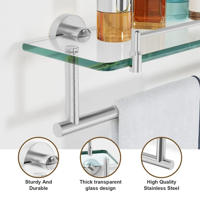 Alt view image 6 of 7 - 20-Inch Tempered Glass Bathroom Shelf with Towel Bar - Brushed Nickel & Stainless Steel, Wall Mount Rustproof Tower Holder with Shelves