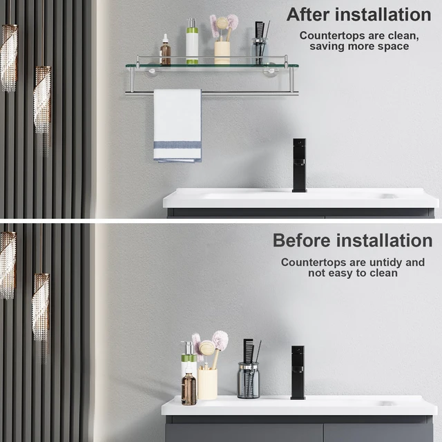 Alt view image 7 of 7 - 20-Inch Tempered Glass Bathroom Shelf with Towel Bar - Brushed Nickel & Stainless Steel, Wall Mount Rustproof Tower Holder with Shelves