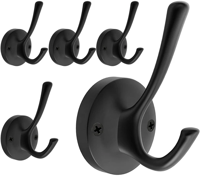 Main image of Black Towel Hooks for Wall, 5 Pack Coat Robe Hook Heavy Duty Metal Double Bath Hook Wall Mounted, Hat Hooks for Cubicle Bathroom Kitchen Closet Garage