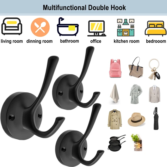 Alt view image 5 of 7 - Black Towel Hooks for Wall, 5 Pack Coat Robe Hook Heavy Duty Metal Double Bath Hook Wall Mounted, Hat Hooks for Cubicle Bathroom Kitchen Closet Garage