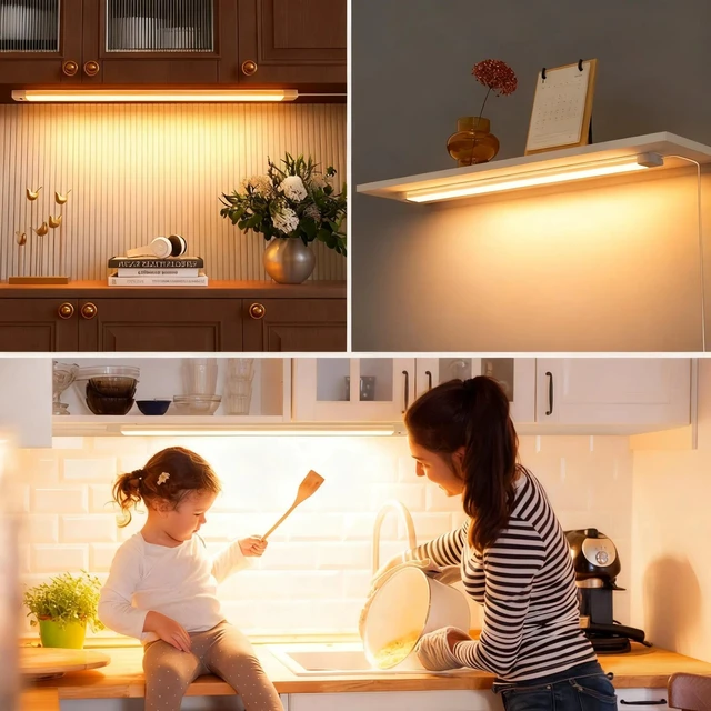 Alt view image 6 of 7 - 2pcs 16 Inch Under Cabinet Lights with Hand Wave,Plug and Play 3000K Warm White,Dimmable,CRI>90,110V,420Lumen,7W,Bright Counter,Shelf,Above the Sink