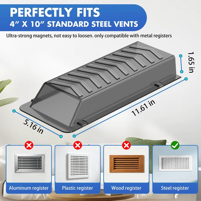 Alt view image 2 of 7 - Heating & Air Vent Deflector, Sideways Magnetic Vent Deflector for Vents One-Piece Snap-Lock for Wall/Floor/Ceiling Registers, Energy-Saving, Adjustable Airflow, Fits 4x10 Vent, Grey 2 Pack