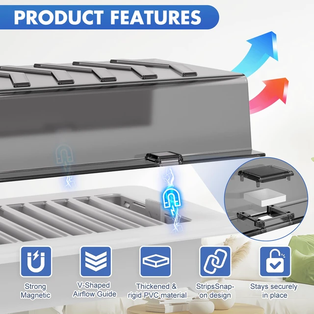 Alt view image 3 of 7 - Heating & Air Vent Deflector, Sideways Magnetic Vent Deflector for Vents One-Piece Snap-Lock for Wall/Floor/Ceiling Registers, Energy-Saving, Adjustable Airflow, Fits 4x10 Vent, Grey 2 Pack