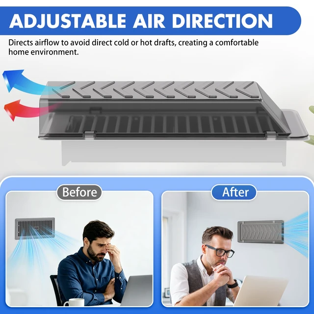 Alt view image 4 of 7 - Heating & Air Vent Deflector, Sideways Magnetic Vent Deflector for Vents One-Piece Snap-Lock for Wall/Floor/Ceiling Registers, Energy-Saving, Adjustable Airflow, Fits 4x10 Vent, Grey 2 Pack