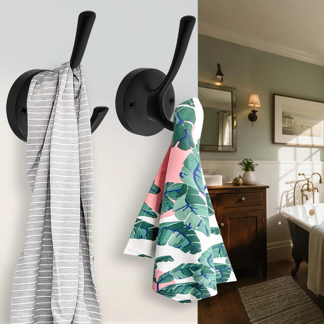 Alt view image 6 of 7 - Black Towel Hooks for Wall, 5 Pack Coat Robe Hook Heavy Duty Metal Double Bath Hook Wall Mounted, Hat Hooks for Cubicle Bathroom Kitchen Closet Garage